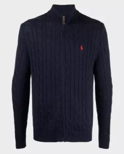 Granatowy rozpinany sweter z logo