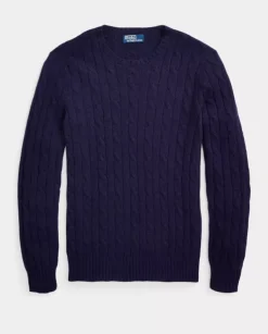 Kaszmirowy granatowy sweter o warkoczowym splocie