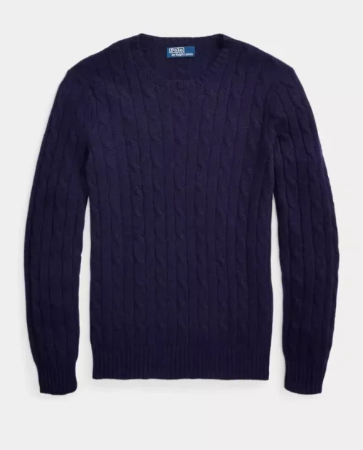 Kaszmirowy granatowy sweter o warkoczowym splocie