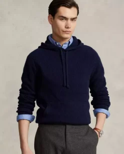 Kaszmirowy granatowy sweter z kapturem