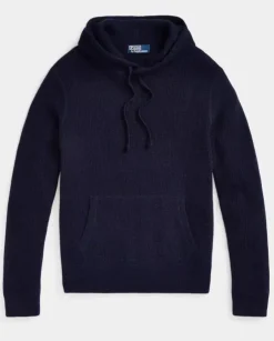 Kaszmirowy granatowy sweter z kapturem