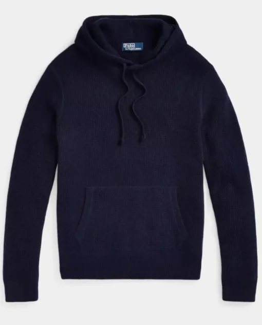 Kaszmirowy granatowy sweter z kapturem