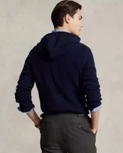 Kaszmirowy granatowy sweter z kapturem