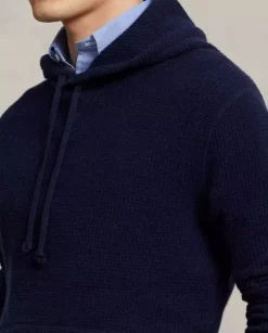 Kaszmirowy granatowy sweter z kapturem