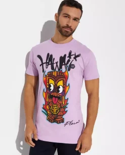 Liliowy t-shirt z kolorową grafiką