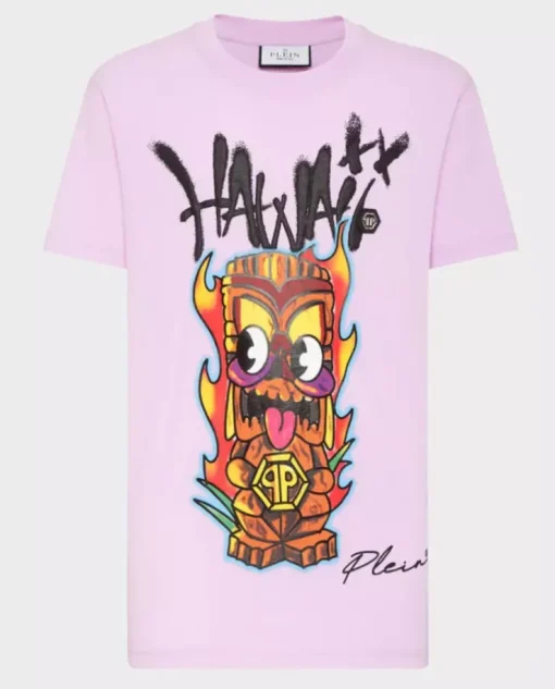 Liliowy t-shirt z kolorową grafiką