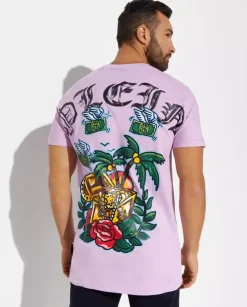 Liliowy t-shirt z kolorową grafiką