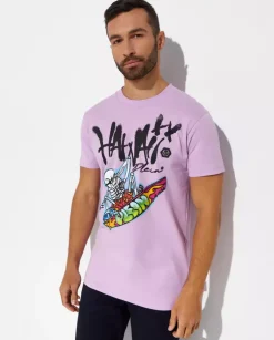 Liliowy t-shirt z kolorową grafiką Hawaii