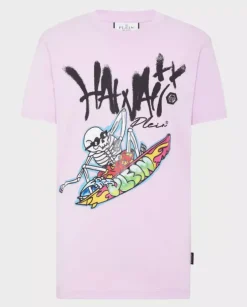 Liliowy t-shirt z kolorową grafiką Hawaii