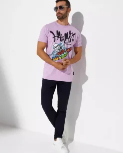 Liliowy t-shirt z kolorową grafiką Hawaii