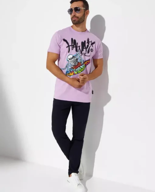 Liliowy t-shirt z kolorową grafiką Hawaii