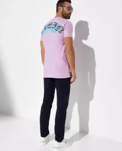 Liliowy t-shirt z kolorową grafiką Hawaii