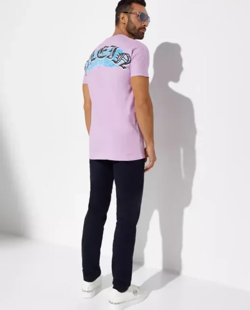 Liliowy t-shirt z kolorową grafiką Hawaii
