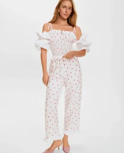 Lniane spodnie z printem Puff Strawberries