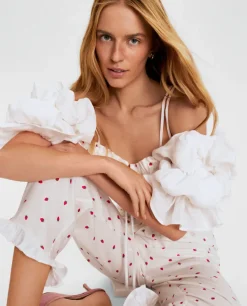 Lniane spodnie z printem Puff Strawberries