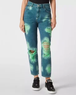 Niebieskie jeansy tie-dye z przetarciami