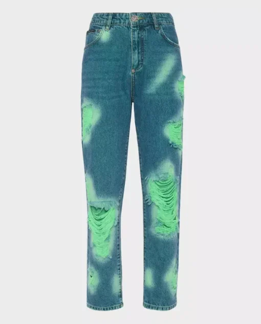 Niebieskie jeansy tie-dye z przetarciami