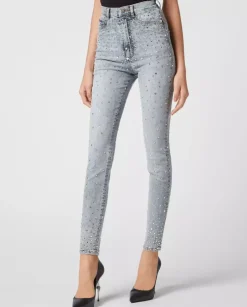 Niebieskie jeansy z kryształami Super High Waist