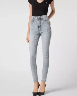 Niebieskie jeansy z kryształami Super High Waist