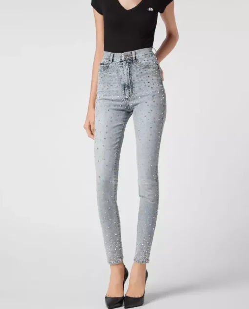 Niebieskie jeansy z kryształami Super High Waist