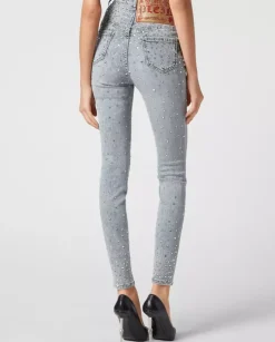 Niebieskie jeansy z kryształami Super High Waist