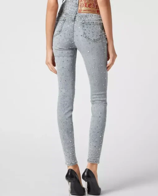 Niebieskie jeansy z kryształami Super High Waist