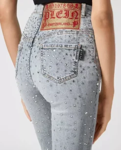 Niebieskie jeansy z kryształami Super High Waist