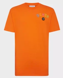 Pomarańczowy t-shirt z kryształowym logo Gothic