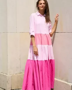 Różowa maxi sukienka z falbanami Palermo