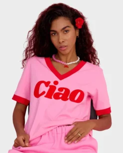 Różowy t-shirt Ciao Sunday V-neck
