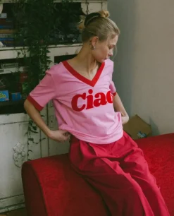 Różowy t-shirt Ciao Sunday V-neck