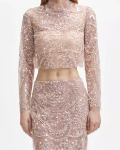 Srebrny top z cekinami we wzór paisley