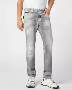 Szare jeansy z przetarciami Super Straight