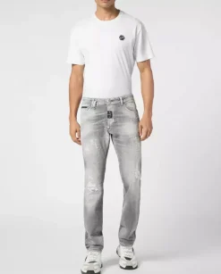 Szare jeansy z przetarciami Super Straight