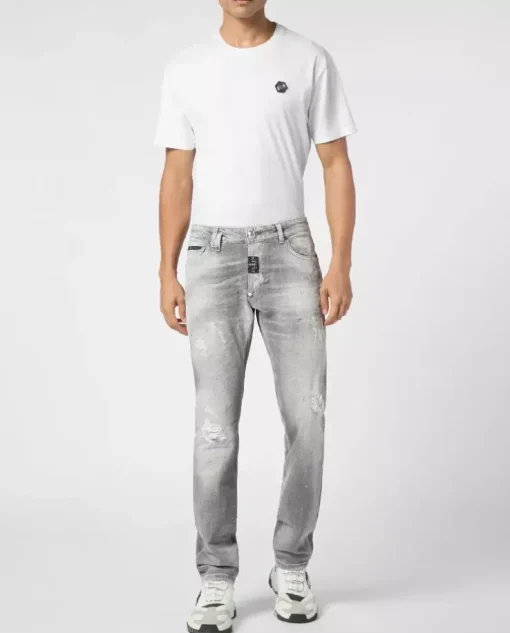 Szare jeansy z przetarciami Super Straight