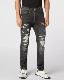 Szare jeansy z przetarciami Super Straight