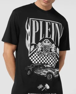 T-shirt ozdobiony kryształami i logo