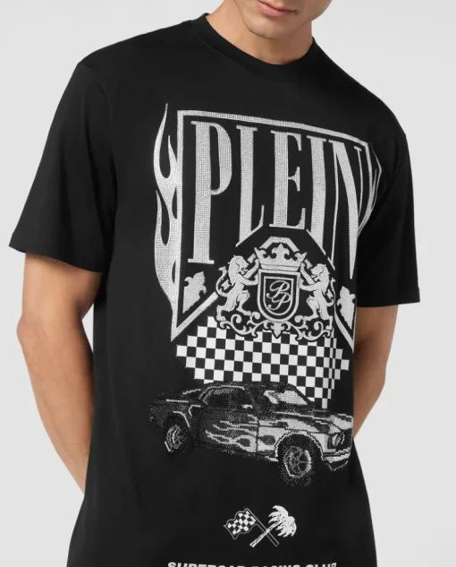 T-shirt ozdobiony kryształami i logo