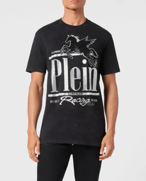T-shirt z efektem sprania i efektownym zdobieniem