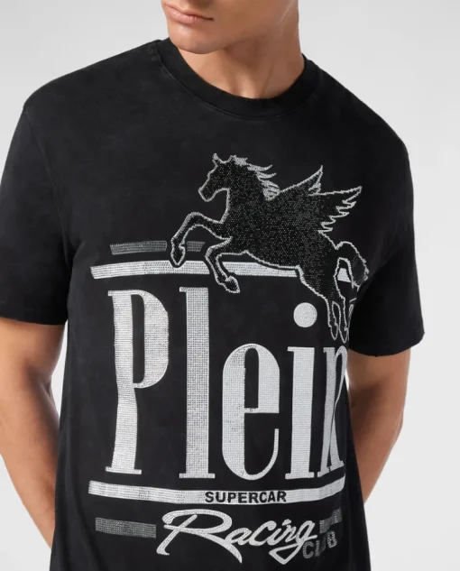 T-shirt z efektem sprania i efektownym zdobieniem