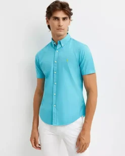 Turkusowa koszula z krótkim rękawem Slim Fit