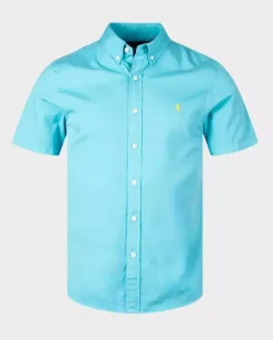 Turkusowa koszula z krótkim rękawem Slim Fit