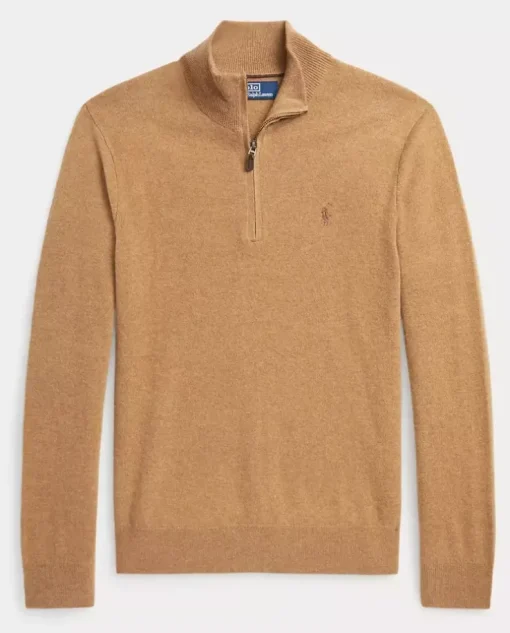 Wełniany beżowy sweter z suwakiem i logo