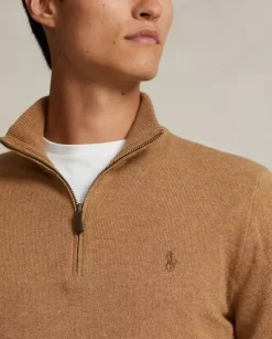 Wełniany beżowy sweter z suwakiem i logo