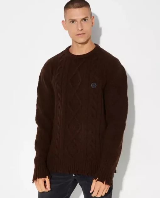 Wełniany brązowy sweter Skull & Bones